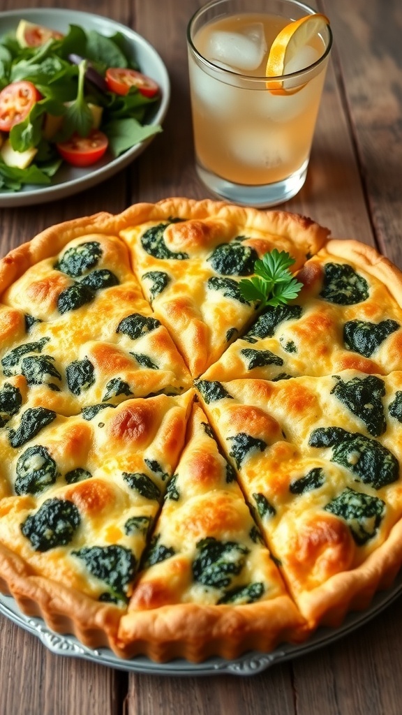 A slice of spinach and cheese quiche on a wooden table, garnished with parsley, alongside a fresh salad.